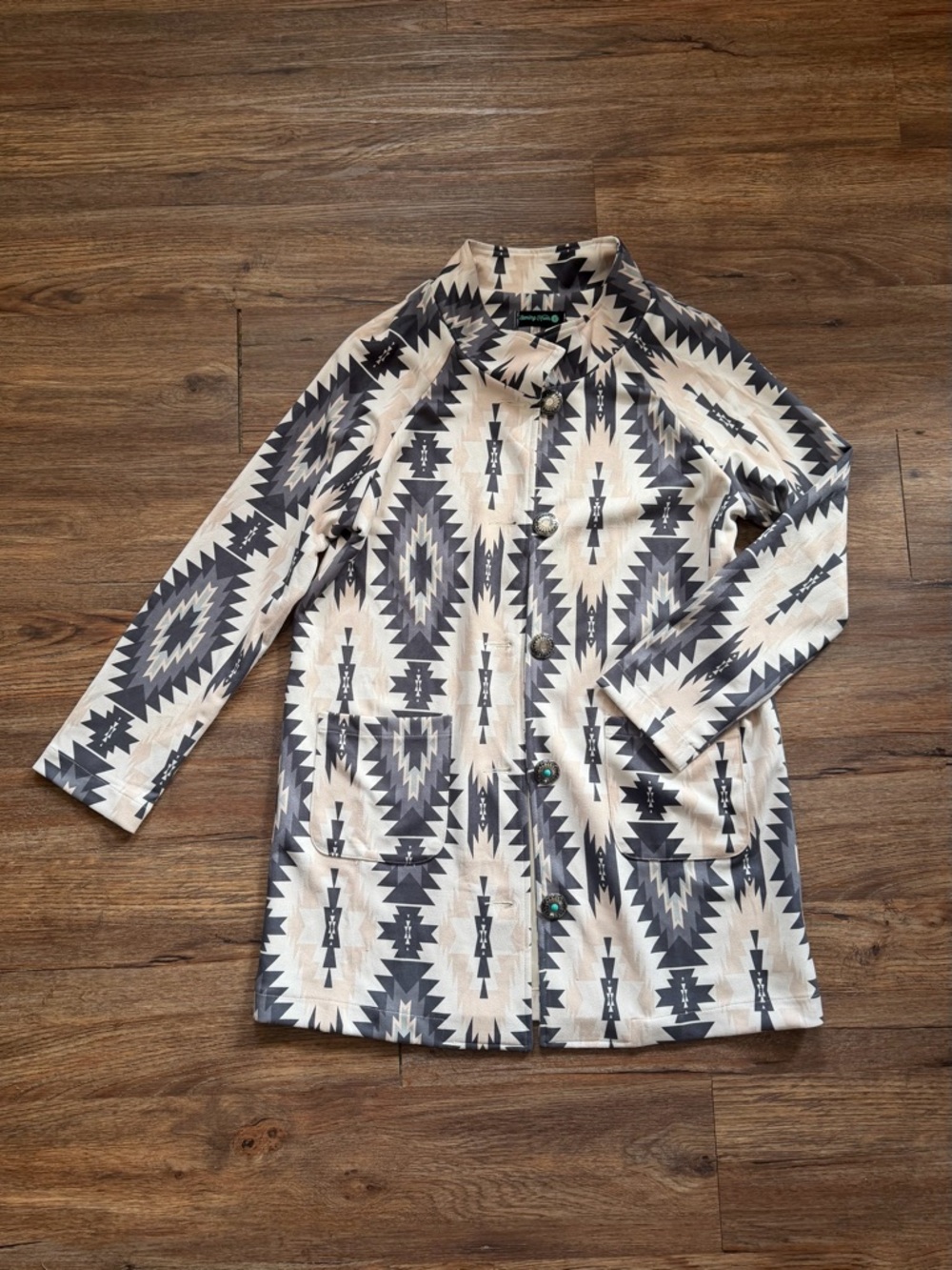 Western Aztec Cream and Charcoal Geometric Longline Blazer